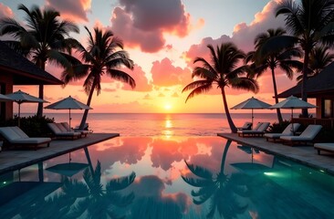 A magnificent sunset outdoors over an infinity pool, a summer beach resort, a tropical landscape. A wonderful, peaceful beach vacation. Stunning sunset view on the island, palm trees. Summer