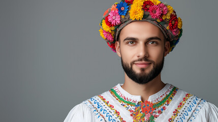Obraz premium Man wearing traditional Ukrainian attire with floral wreath, showcasing cultural heritage and pride in modern setting