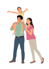 Obraz premium Man holding a child on his shoulders while a woman walks behind them. Concept of family togetherness and love. Vector illustration isolated on white background