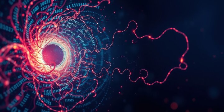 Abstract swirling data streams and binary code converge into a vibrant digital vortex.