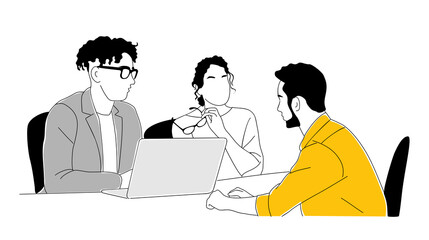 Job interview outline drawing. Business woman and businessmen meeting, talking, discussing on office. Hand drawn vector sketch illustration isolated on white background 