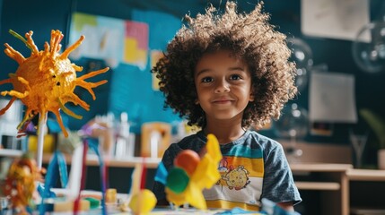 Joyful Child Exploring Science Projects in Classroom