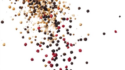 Naklejka premium Peppercorns Falling Down, Black Pepper Seeds, Isolated on White Paper, Organic Spices, Natural Food Photography, Close-Up, Fresh Peppercorns, Culinary Ingredient, Falling Motion, Crisp Details, 