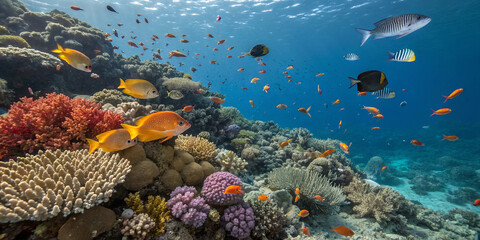 A Bustling Metropolis of Diverse Marine Life in a Vibrant Coral Reef, Showcasing Oceanic Wonders