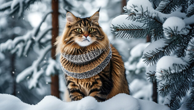 Norwegian forest cat in winter guard scarf with snowy background