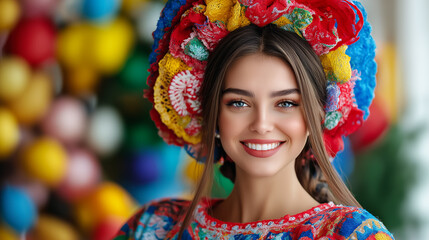 Fototapeta premium Vibrant Ukrainian woman in traditional attire smiles brightly during a cultural celebration showcasing colorful floral accessories