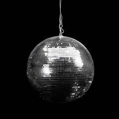 Obraz premium Shiny Disco Ball Reflecting Light on Black Background - Retro Party Vibes, Nightclub Decor, and Dance Floor Atmosphere
