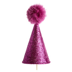 Vibrant Glittery Birthday Party Hat with Fluffy Pom Pom on White Background