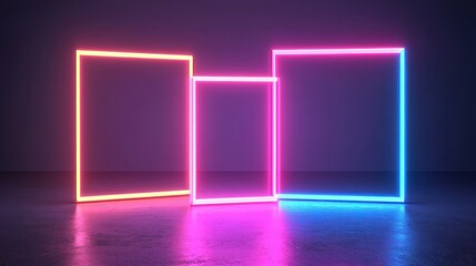 Three vibrant neon rectangular frames glowing in a dark room, reflecting on a glossy floor.