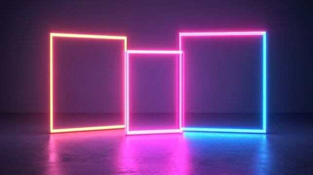 Three vibrant neon rectangular frames glowing in a dark room, reflecting on a glossy floor.