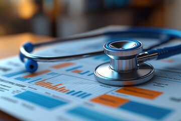 Financial analysis report on healthcare industry. Graphs, charts with stethoscope on top. Strategic planning for healthcare sector. Analysis of trends, growth, profit margins. Healthcare investment