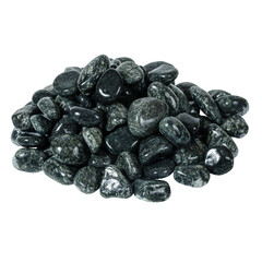 Wet shiny dark stones stacked in a pyramid on a white background