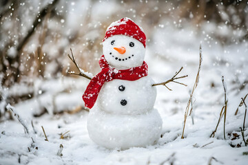 Obraz premium A cheerful snowman standing proudly in a snowy winter landscape, capturing the festive spirit of the season