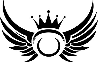 Fototapeta premium Raven vector icon silhouette adorning queen elegant crown wings logo, symbolizing sovereign strength and unbound spirit emblem