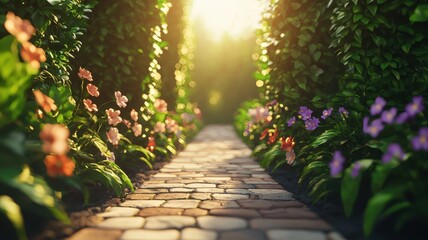 Obraz premium Sunlit Garden Path Cobblestone Walkway Lined with Vibrant Flowers and Lush Green Foliage