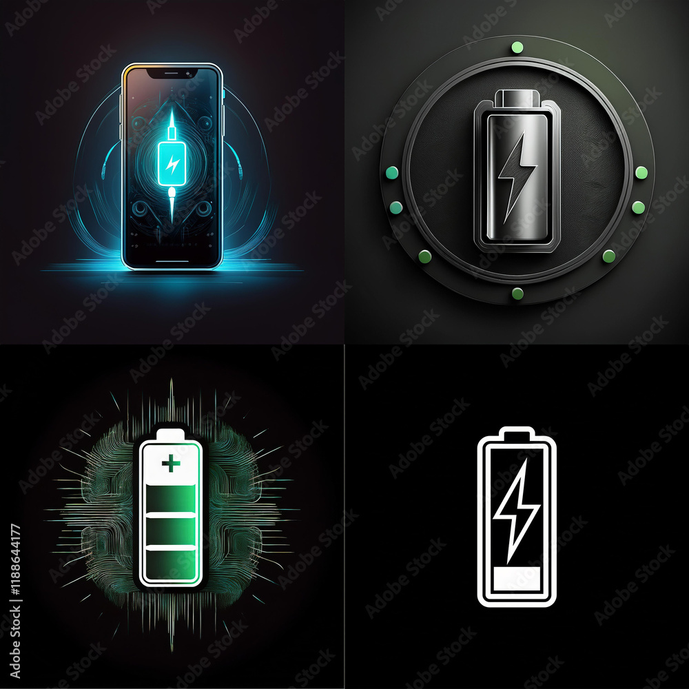 Aufkleber a collage showcasing four distinct illustrations of phone battery charging, using vibrant colors and