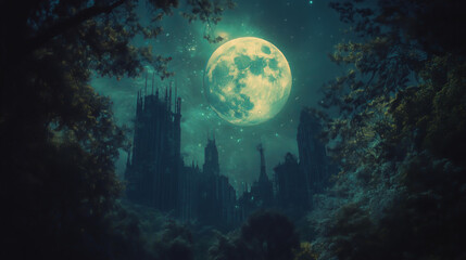 a mystical moonlit night with a full moon, gothic castle silhouette, dense forest, dark and mysterious atmosphere, eerie glow, enchanted landscape, fantasy setting, haunting beauty, supernatural  
