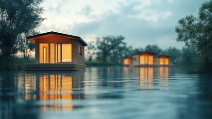 Fototapeta premium Serene Tiny Houses on Calm Water Reflection