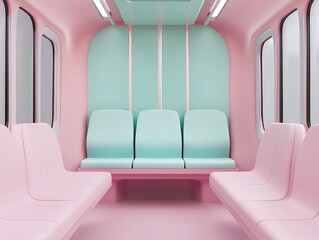 Fototapeta premium A minimalist train interior featuring pink and mint green seating, creating a modern and playful atmosphere.