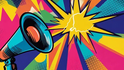 Pop art megaphone. Colorful background in pop art retro comic style. Pop art animation video. Pop art style product promotion, advertisement, announcement background video.
