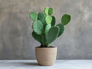 High fidelity close-up of angel wing cactus in bamboo fiber pot eco-friendly indoor display