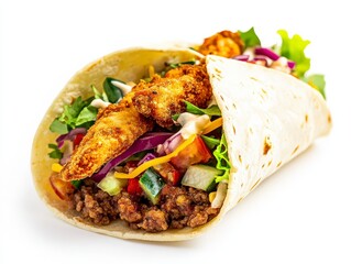 A large soft taco with mixed vegetables and ground beef on the inside, with chicken fingers on top of it, in front view, side perspective, high resolution.