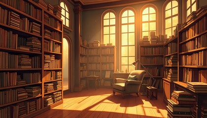 Cozy library interior bathed in golden sunlight