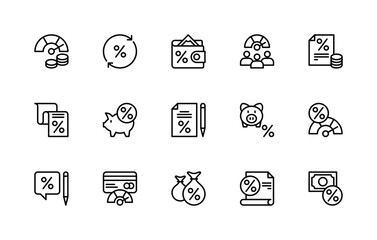 Credit and financial services vector linear icons set. Isolated icon collection such as rating, limit, security, guarantors and more.