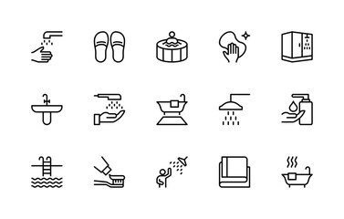 Showering and bathing related vector linear icons set. Contains such icons as shower, water, hand, antiseptic and more.