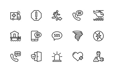Emergency situations vector linear icons set. Isolated icon collection such as ambulance, evacuation, 911, emergency alarm and more.