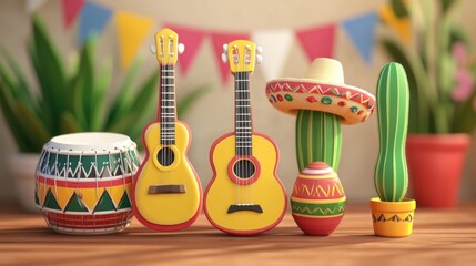 Festive Mexican party scene with guitars, sombrero, cactus, drum, and egg.