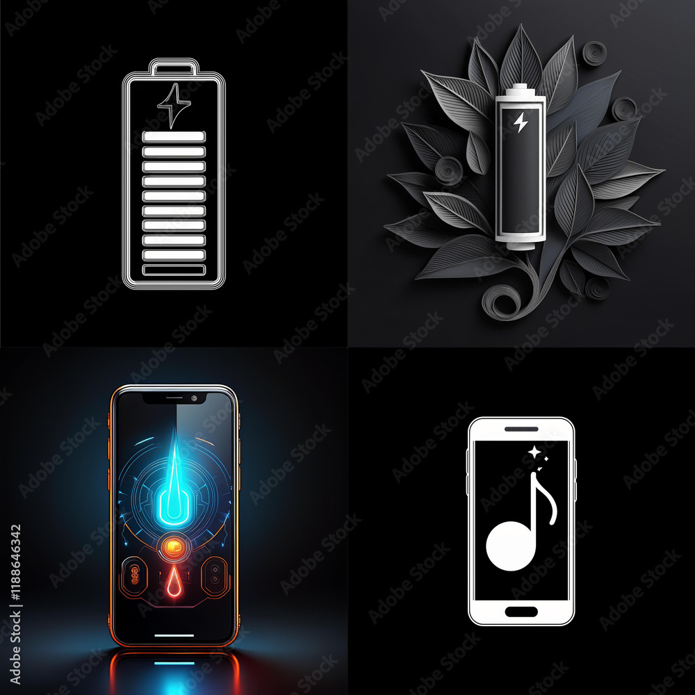 Aufkleber a collage showcases energy and technology. top left: a battery icon. top right: a battery nestled wi