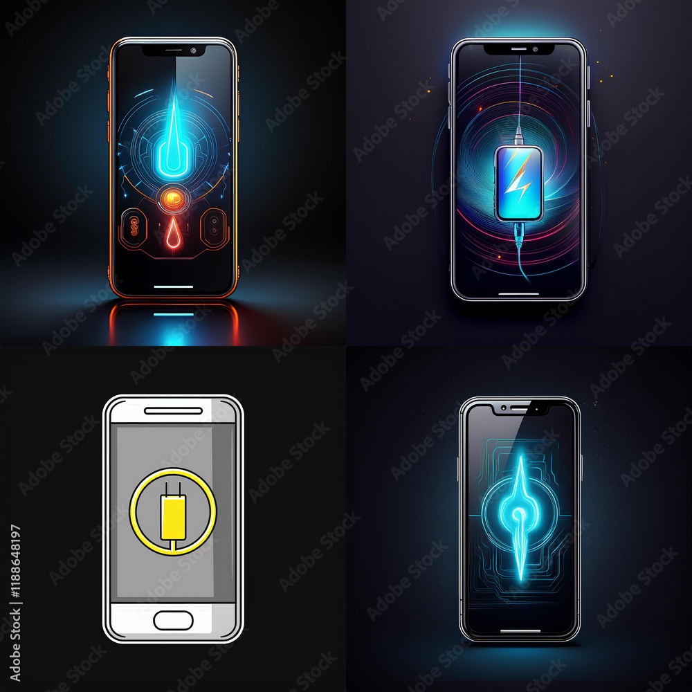 Fototapete Futuristic phone charging interfaces displayed on four sleek smartphones.  Glowing graphics illustrate charging progress and power levels.  The designs emphasize technological advancement and user exp