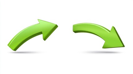 Two 3D green curved arrows pointing right and down, isolated on white background.