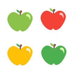 Cartoon design of four colorful apples with leaves, set of apples