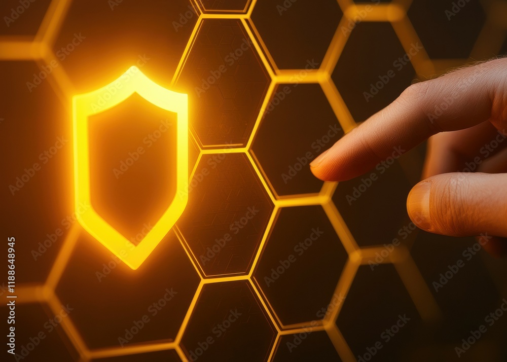 Poster touching digital shield icon on hexagonal grid background for cybersecurity concept