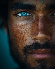 Intense Gaze of a Young Man With Striking Blue Eyes and Rugged Features Captured in Natural Light