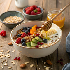 A nutritious, energizing breakfast featuring fruits, whole grains, proteins