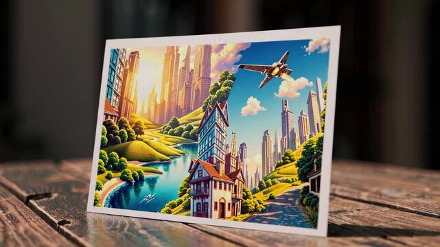 A fantasy-themed postcard featuring a cityscape merging nature and futuristic architecture, vibrant and imaginative