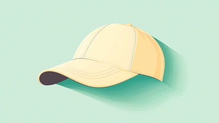 Fototapeta premium A clean vector illustration of a baseball cap, perfectly centered on a pastel mint green background. The cap is a solid pastel yellow with no patterns or additional elements. The curved visor and crow