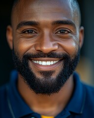 Obraz premium Smiling Man With Beard in Casual Polo Shirt, Showcasing a Joyful Expression Outdoors in Bright Natural Light