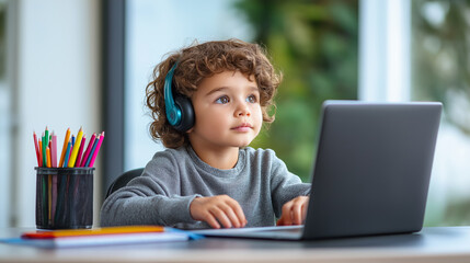 Engaging child learning with laptop in bright homeschooling environment