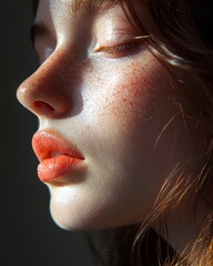 Close-up of a Young Woman's Serene Facial Features Highlighting Her Freckles and Soft Lip Color in Natural Light