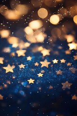 Enchanting dark blue background filled with golden stars and bokeh lights perfect for festive New Year's Eve or Christmas greetings