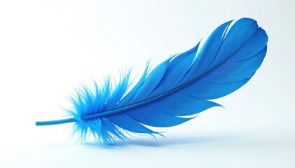 A vibrant blue feather floats against pure white, showcasing its fluffy detail , vibrant, object