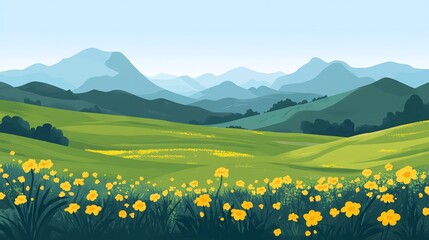 Panoramic mountain landscape rolling green hills yellow wildflower meadow