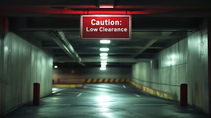 Caution Low Clearance sign in dimly lit parking garage.