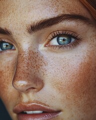 Fototapeta premium Close-up of a Woman With Striking Blue Eyes and Natural Freckles, Accentuating Her Features in Soft Lighting