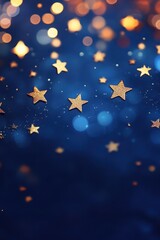 Enchanting dark blue background adorned with golden stars and bokeh lights for celebrating New Year and Christmas