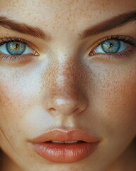 Fototapeta premium Close-up of a Woman With Striking Blue Eyes and Freckles, Showcasing Natural Beauty in Natural Light